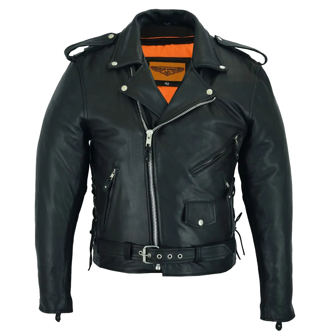 Dream Apparel Women’s Classic Leather Motorcycle Jacket with Zip Out Lining, Biker Jacket for Ladies with Side Laces, Black