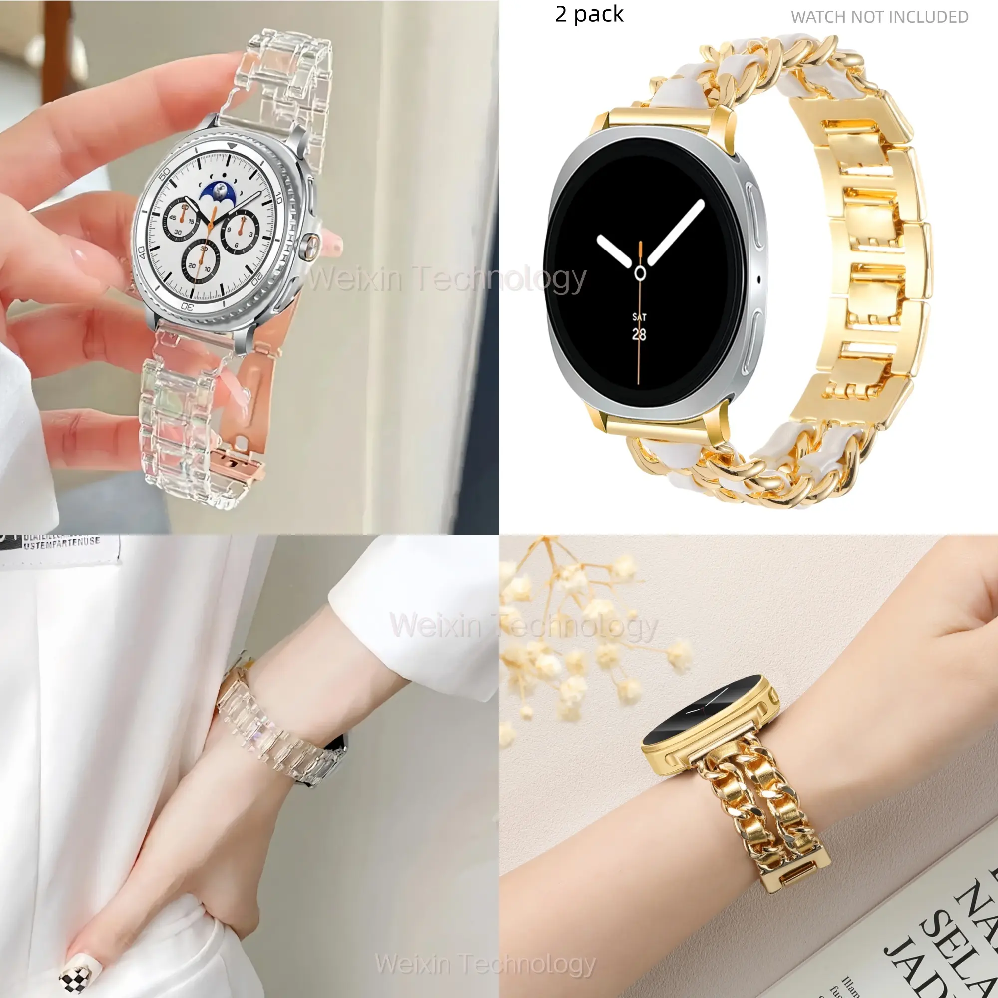 Transparent resin strap suitable for Samsung Galaxy Watch 8 Classic 46mm, Galaxy Watch 8 40mm 44mm, colorful resin strap for women, strap and metal bracelet, Cuban linked strap, Watch Straps, Smartwatch Accessories 2 packs