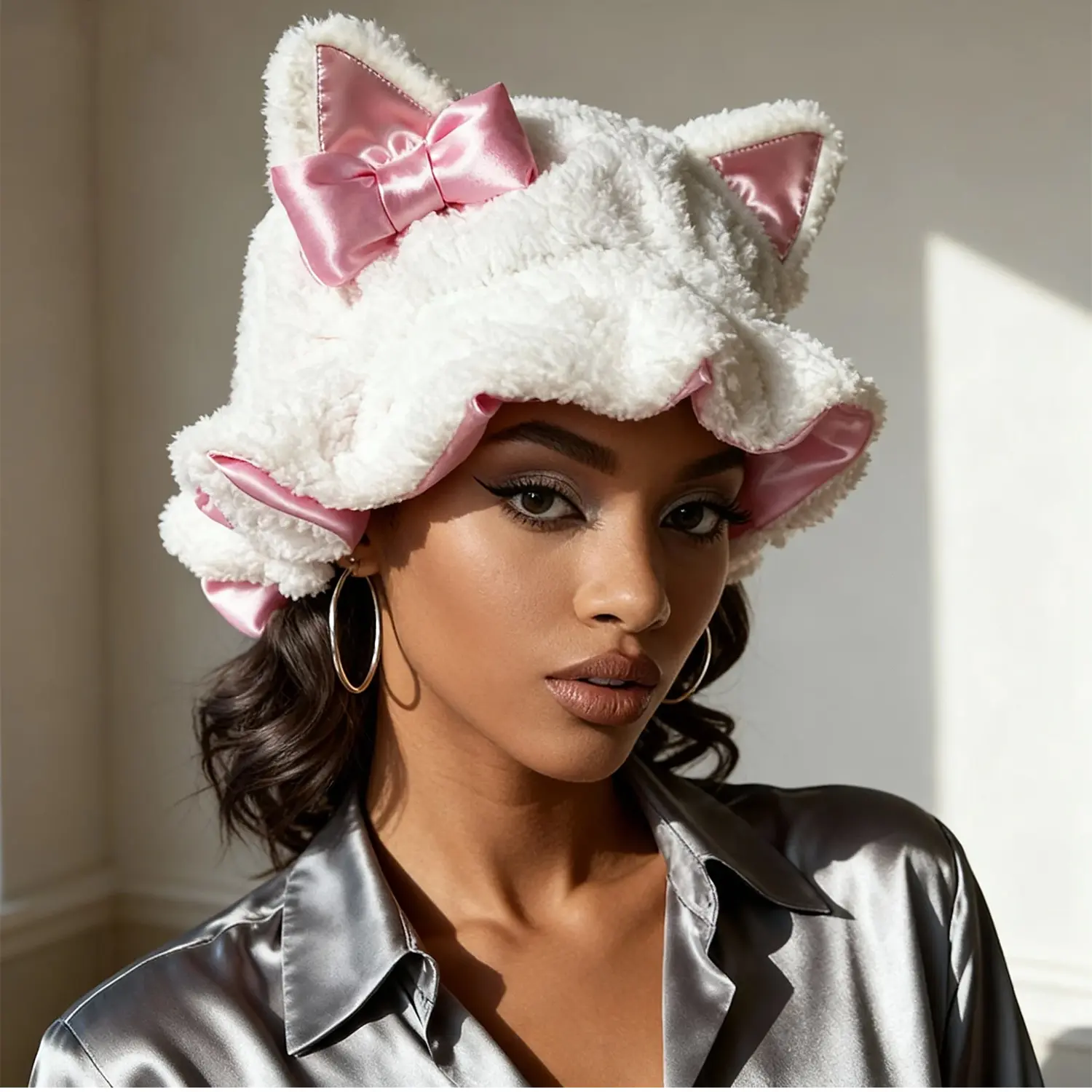 Women's Teddy Plush Kitten Ear Satin-Lined Haircare Sleeping Bonnet - Red, Adjustable Size, Double-Layer, Lightweight Smooth Heatless Cap for Fluffy Edges, Moisturizing, Pajama Party, Holiday Use, Sleeping Cap, Anti-Frizz, Double-Layered, Plush Satin