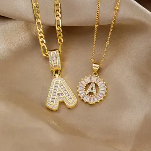 Fashion Copper Inlaid Zircon 18K Gold Plating Letter Pendant Ladder Rock Candy 26 One English Letter Necklace