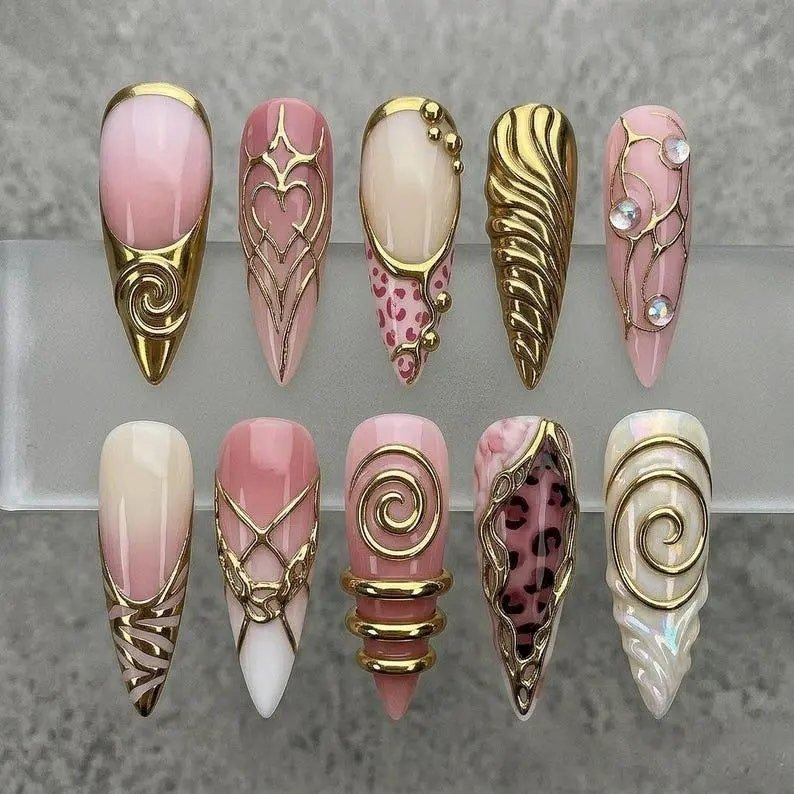 Luxury Gold Chrome Press On Nails Pink Aura 3D Metallic Swirl Pearl Rhinestone Extra Long Stiletto Handmade Reusable Acrylic Nail Set for Women