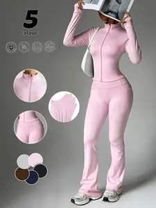 Women's Two-Piece Sports Set, Seamless Zipper Yoga Jacket + High-Waisted Flare Yoga Pants, Butt Lifting Fitness Wear, Gym/running/daily Streetwear, Stretchy Suit Set, Yoga Outfit