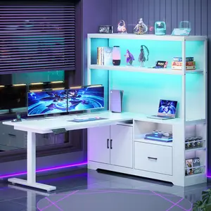 Sedeta 56.7-Inch Modern Wood-Metal L-Shaped Corner Desk - Height-Adjustable Standing Gaming Desk with Drawers, Hutch, Power Outlets, RGB LED Lighting, Dual Monitor Shelf, Bookshelf for Computer Use