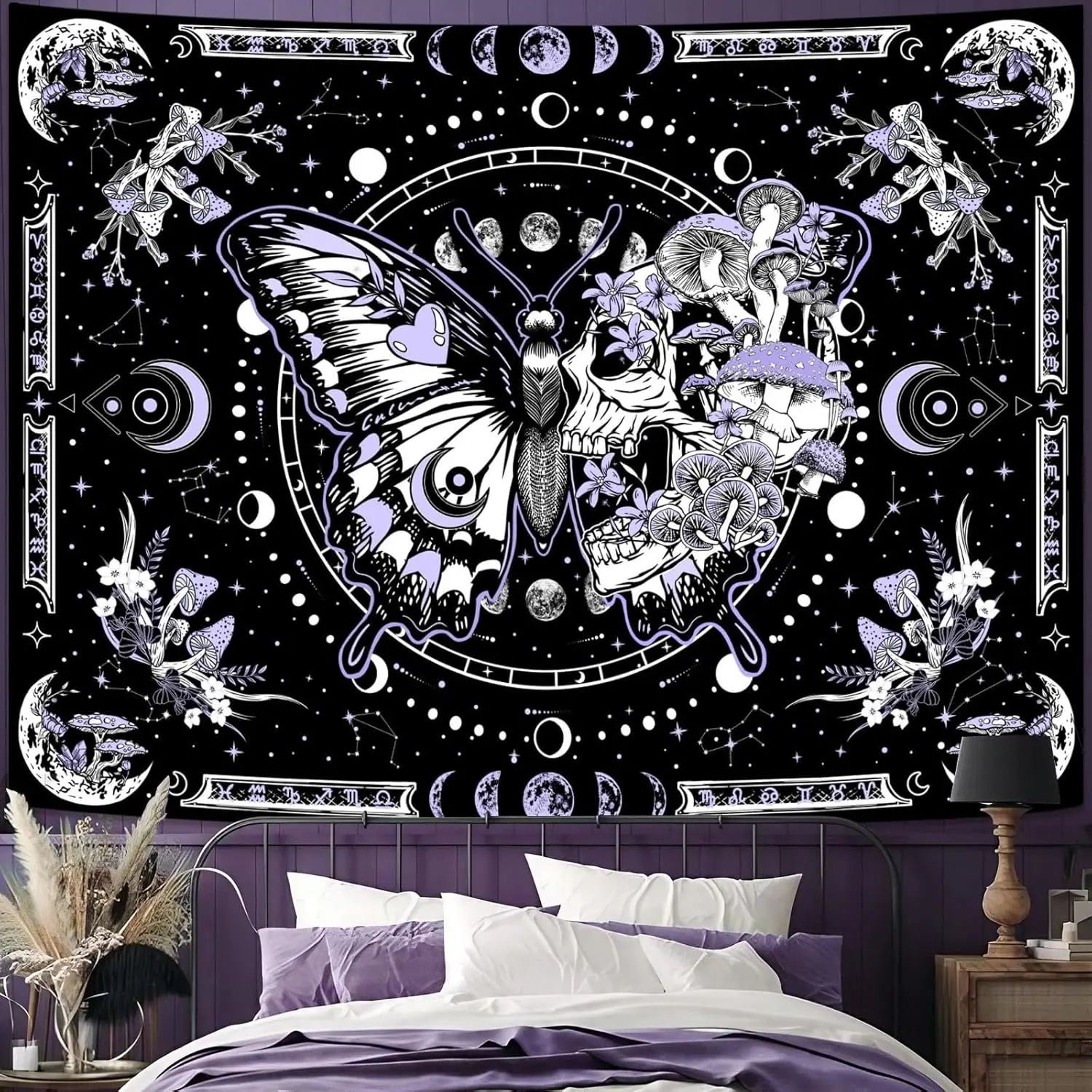 Skeleton Butterfly Tapestry Purple Skull Hippie Mushroom Plants Tapestry for Bedroom Moon phase Aesthetic Tapestries Wall Hanging for Living Room Dorm (36.00” x 48.00”, Purple)