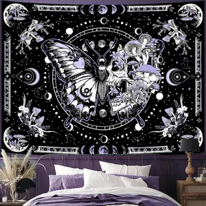 Skeleton Butterfly Tapestry Purple Skull Hippie Mushroom Plants Tapestry for Bedroom Moon phase Aesthetic Tapestries Wall Hanging for Living Room Dorm (36.00" x 48.00", Purple)