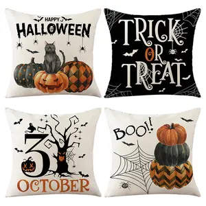 4Pcs Halloween Pumpkin Pillow Covers,18X18 Inches Trick or Treat Farmhouse Decor Boo Halloween Decorative 31 October Throw Pillow Cover Husfou