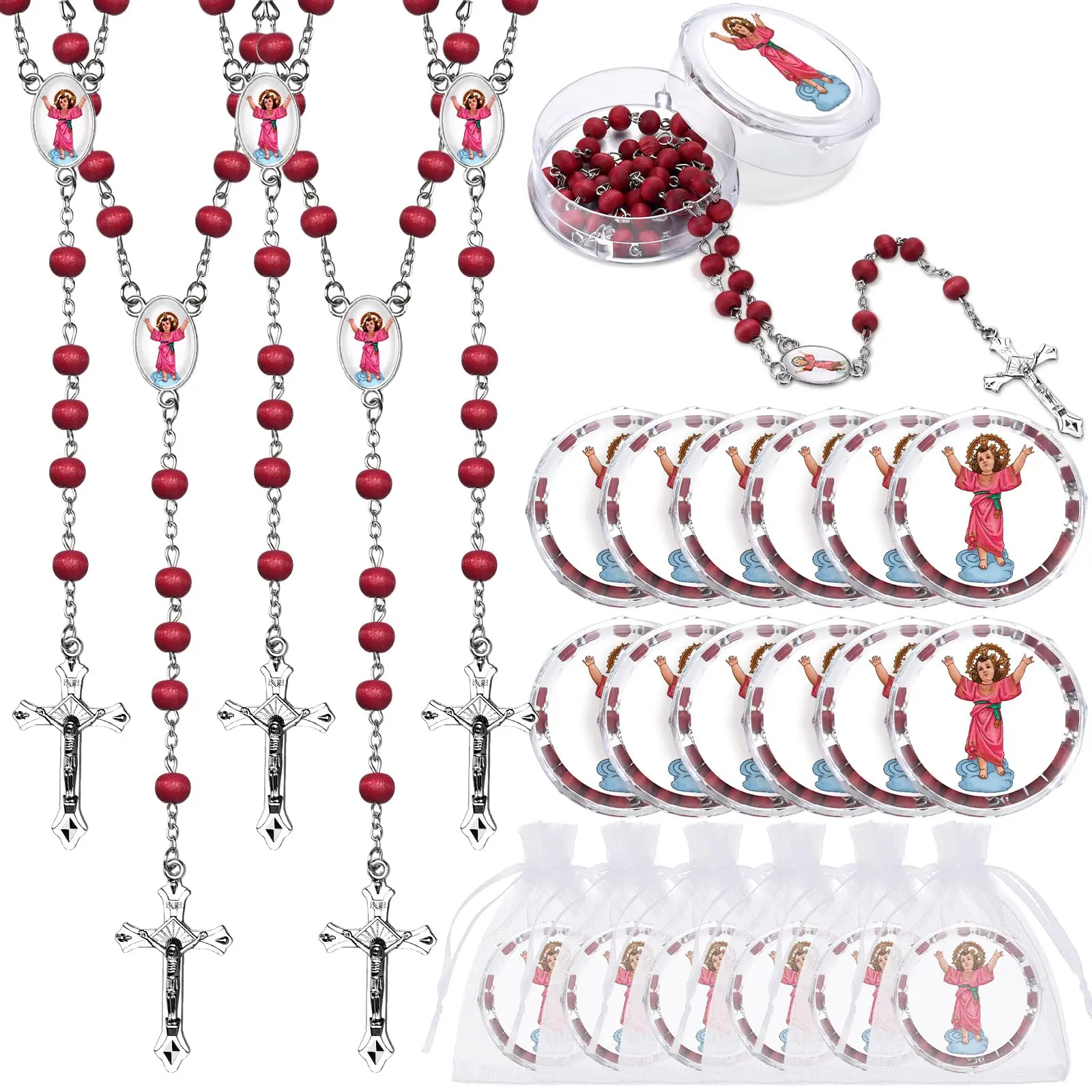 Rosary for Christian Women 12 Set Rosary Beads with Cross Pendant  Scented Rosary Necklace Divino Niño Jesus Virgin Mary Catholic Rosary Red Rosary Car Rosary First Communion Baptism Gift for Guest Christian Student Prayer Sunday School Baby Shower Church