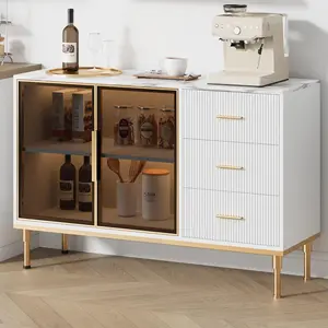 【Christmas Gift】Fluted Sideboards Buffets Cabinet with Glass Doors - 3 Drawers - Marble Top Kitchen Sideboard Cabinet for Dining Room/Living Room - White