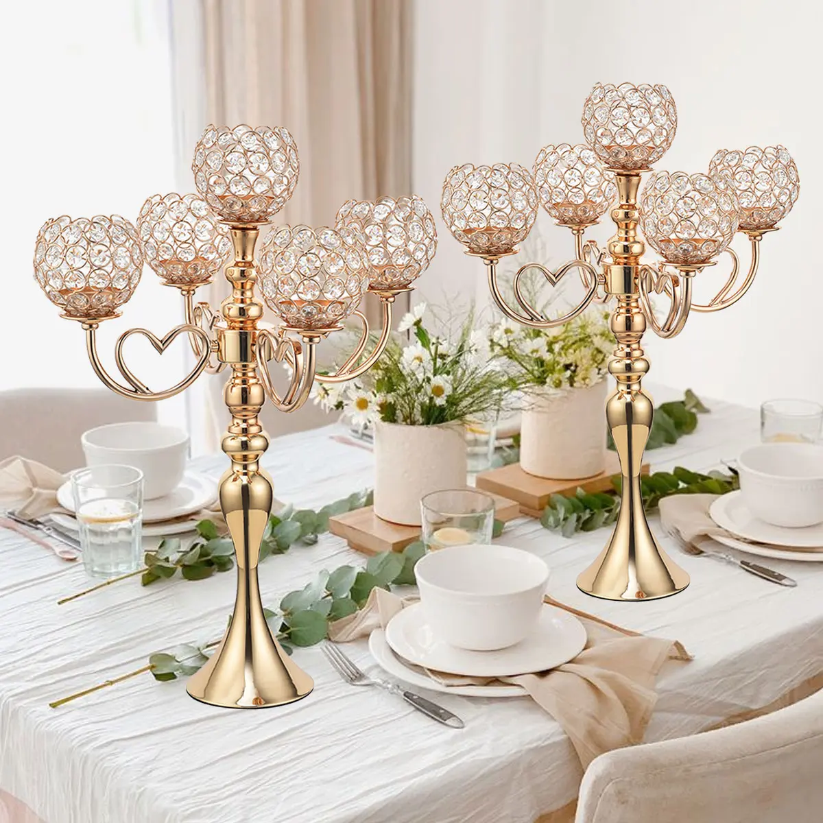 VINCIGANT 2pcs Gold Bling Crystal 5-Arm Candelabra Candle Holders - Light-Up Home Accessories, Electronic Gift for Wedding Dinning Table Centerpiece Decor