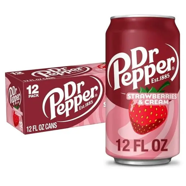 Dr Pepper Strawberries & Cream Soda Pop – 12 fl oz Cans, 12 Pack | Creamy Strawberry Flavored Carbonated Soft Drink