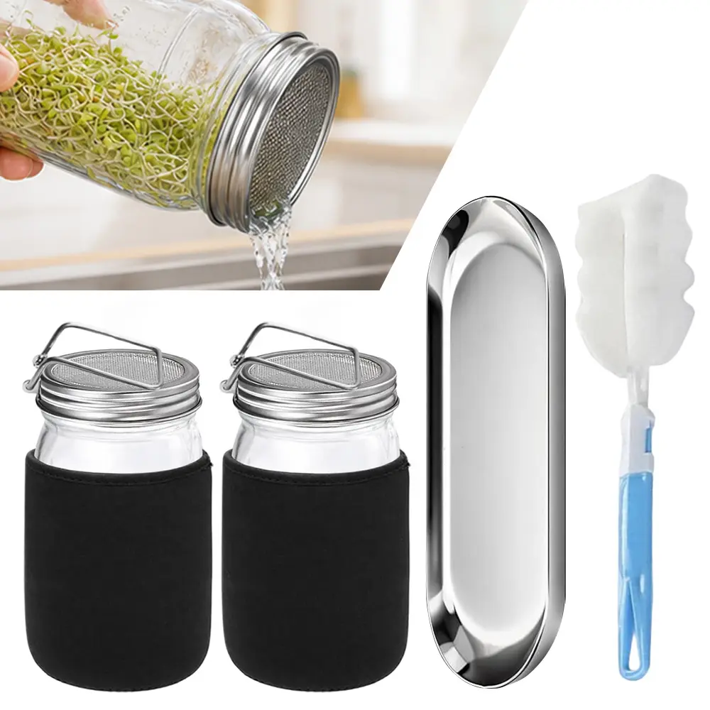 Sprouting Jar Kit, 2 Pack Sprouting Kit with Stainless Steel Screen Sprouting Lids, Glass Mason Jars & Light-Blocking Sleeves, Seed Sprouting Kit for Broccoli Sprouts, Bean Sprouts, Alfalfa