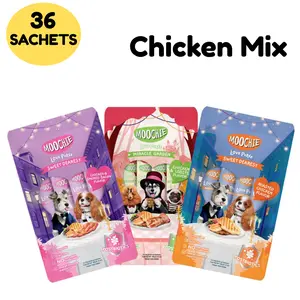 Moochie Creamy Puree Chicken Variety Pack (Roasted Chicken, Chicken & Lobster, Chicken & Smoked Bacon), 36 Lickable Dog Treats Sachets, High Protein, Grain-Free, With Postbiotics
