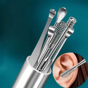 A set of 6-piece stainless steel ear cleaning tools - with spiral and cylindrical designs, portable hook earwax removal kit, cylindrical ear pick set, stainless steel ear cleaning tools, Ear Spoon Set, Earwax Remover