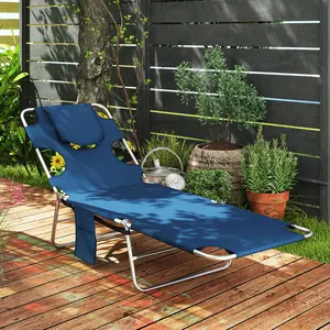 Tanning Chair with Face Hole 5-Level Adjustable Outdoor Chaise Lounge Chair with Pillow for Beach Pool Dark Blue 600D Oxford Fabric Reinforced Base