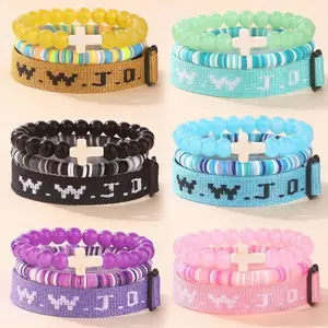 3PCS Set What Would Jesus Do WWJD Christian Bracelet Set – Stackable Beaded Bracelets with Cross Charm, Inspirational Jewelry for Women & Men, Perfect for Valentine's Day Gifts, Holiday Jewelry for Faithful Souls