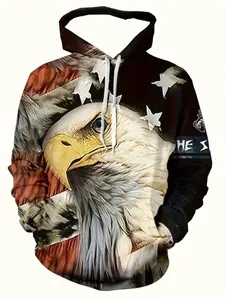 Men's 3D Eagle & American Flag Graphic Print Hoodie, Long Sleeve Fitted Casual Menswear Pullover with Drawstring, All-Season Comfortable Daily Wear Sweatshirts Tops