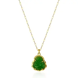 18k Gold Plated Laughing Buddha Pendant Necklace Green Jade Cubic Zirconia Gemstone Lucky Amulet Jewelry for Women Men