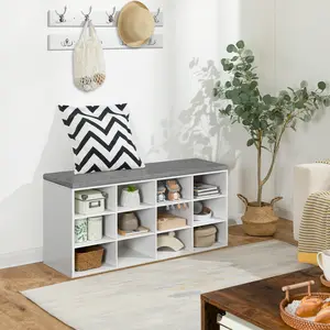 HOOBRO Shoe Storage Bench with Cushion, Entryway Bench 12 Cubbies, 39.4" Hall Tree, Coat Rack Holds 330 lb, Shoe Rack for Bedroom, White and Gray #SummerVibes