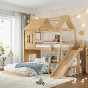 [Bellemave]Twin over Full House Bunk Bed with Ladders and Slides, House Floor Bunk Bed with Storage Shelves and Wardrobe, Playhouse Design, Natural