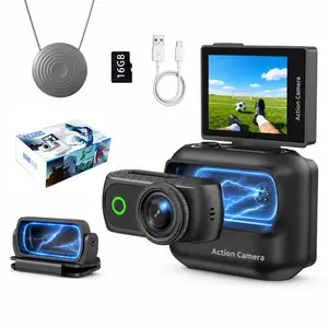 4K Action Camera Magnetic Kit with Neck Strap Detachable Live View Monitor First-Person Vlog Set Cap Magnetic Accessory for Outdoor Use 16GB Memory Card Included