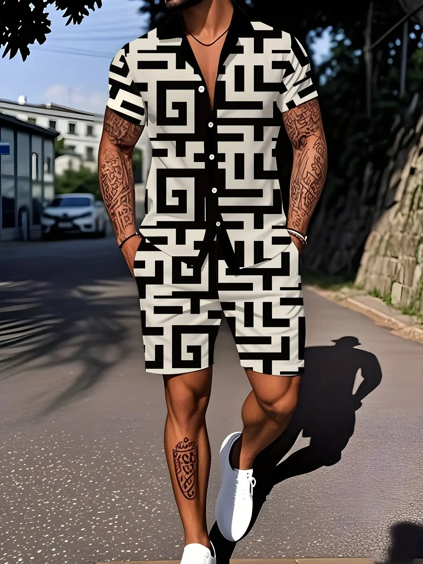 Men's 2-Piece Casual Set, Relaxed Lounge Set, Abstract Maze Print Short Sleeve Shirt and Shorts, Cuban Collar, Summer Beach Outdoor Wear, Breathable Fabric