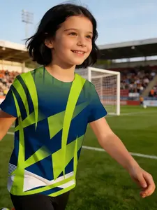 girl child jersey Green Blue White Geometric Pattern Design Breathable, light, and comfortable short sleeve T-shirt holiday clothing texture suitable for going out fashion polyester comfortable training sports summer quick-dry