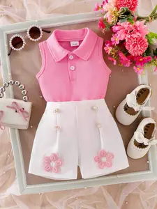 Baby Girl Elegant Two-Piece Set, Striped Sleeveless Polo Top Vest + Faux Pearl Flower Shorts, Slim-Fitting Style, Pearl Accents
