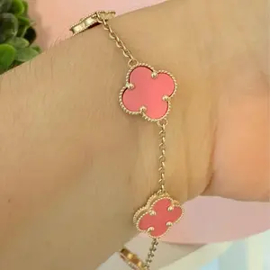 Clover Flowers Bracelet with Pink Enamel and 14k Gold Chain Links for Women's Fashion Jewelry Adjustable Size 7 1/2 to 8 1/2