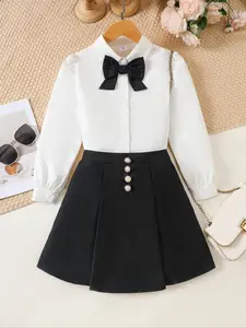 Girls' Two-Piece Set, Collar Long Sleeve Shirt with Bow Tie, Pleated Skirt with Pearl Buttons, Elegant School & Party, Fashion Clothes Set, Skirts Sets
