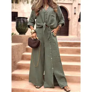 VVZ 2026 Women's Two Piece Set Button Down Long Sleeve Shirt and Wide Leg Pants Casual Summer Lounge Outfit Vacation Matching Set