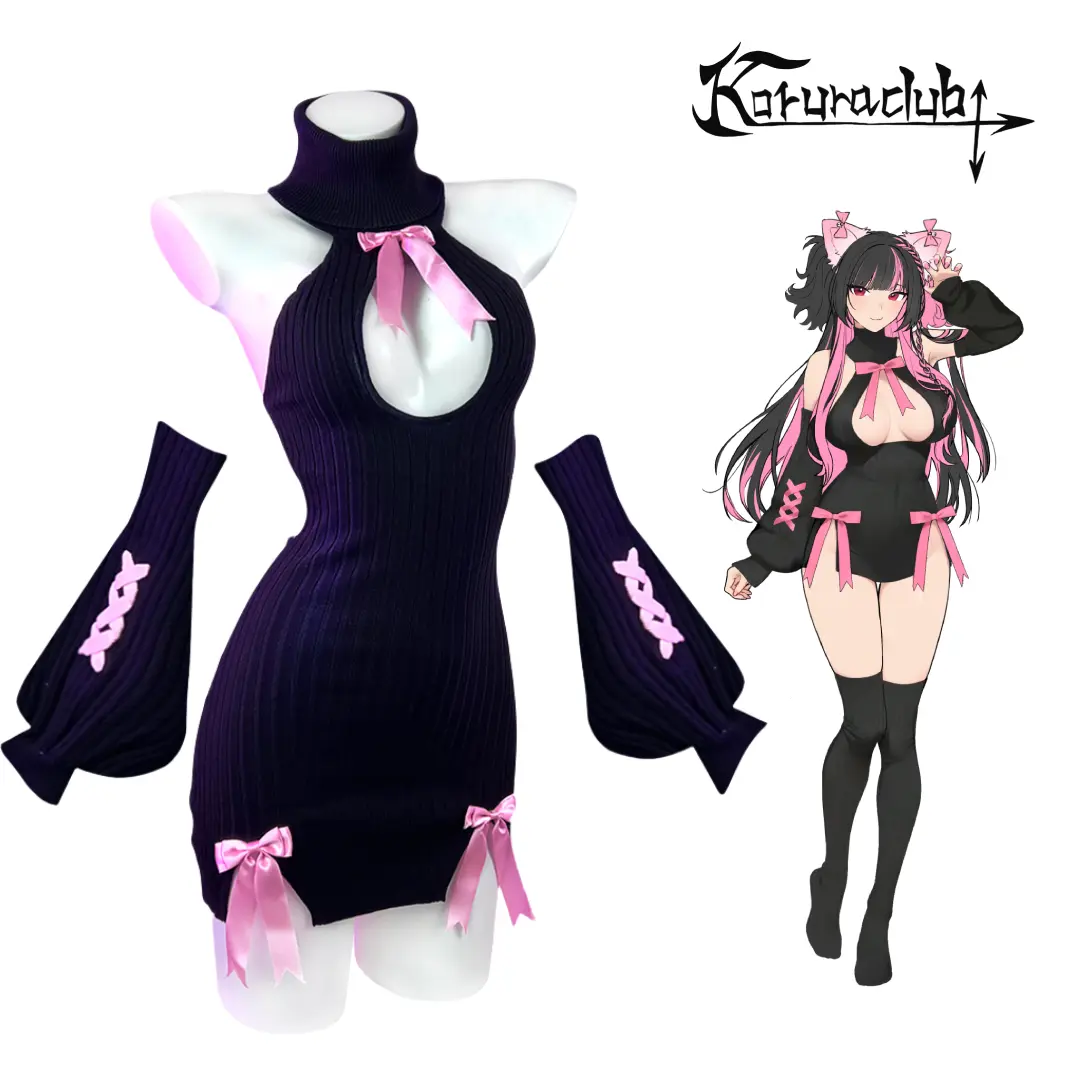 KORURACLUB Women's Cute Turtleneck Knit Sweater Dress, Cosplay Costume Set with Matching Sleeves and Stockings, Cotton Knit, Matching Bows, Turtleneck Adds Chic Warmth And Drama, Ready For Cons, Parties, And Photos, Coordinated Set Saves Styling Time