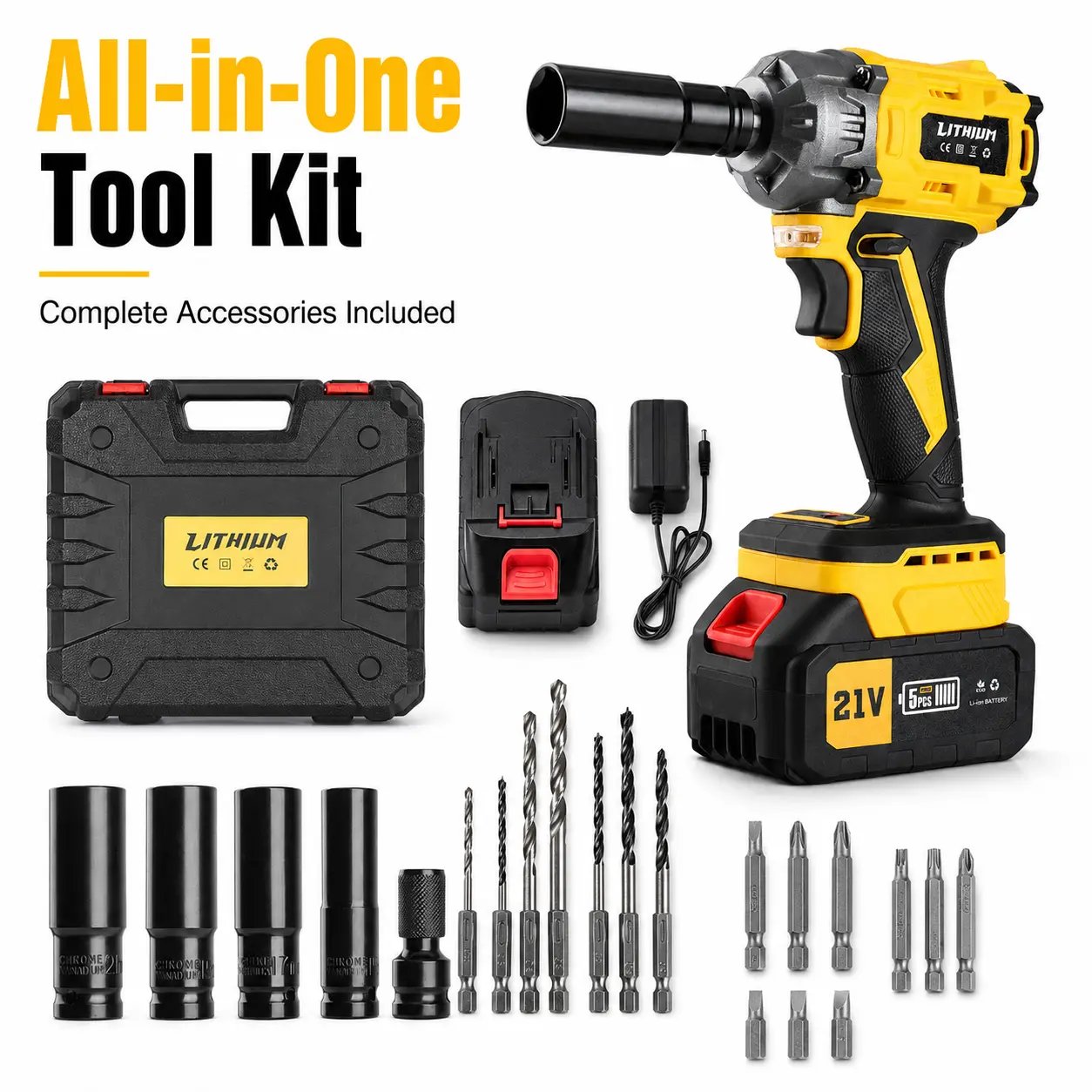21V Brushless Cordless Impact Wrench Kit, 1/2-Inch High-Torque Impact Gun with Lithium Battery, Charger, Sockets, Drill Bits, Carry Case for Car Tire Lug Nuts, Auto Repair