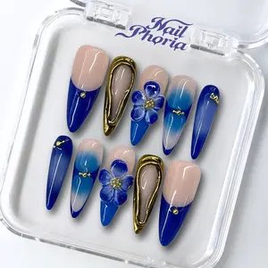 NailPhoria SAPPHIRE GOLD - Handmade Press-On Nails | Reusable, Salon-Quality, Long-Lasting, Glossy Design