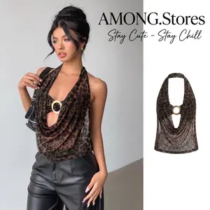 Brown Cheetah Leopard Print Halter Top for Women | Sheer Mesh Cowl Neck Metal Ring Cami | Y2K Rave Festival Going Out Top