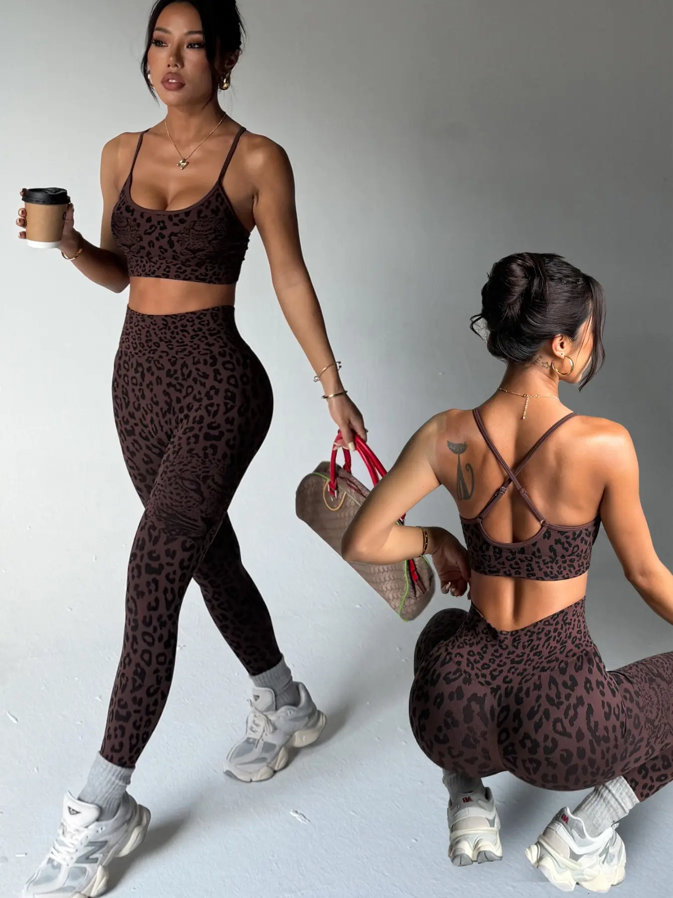 Women's leopard print knitted sports suit, Fitness Yoga Set, Exercise Clothing Set, vest and pants, two-piece outdoor and indoor Pilates exercise yoga suit, suitable for all seasons, comfortable and tight pants above the ankle