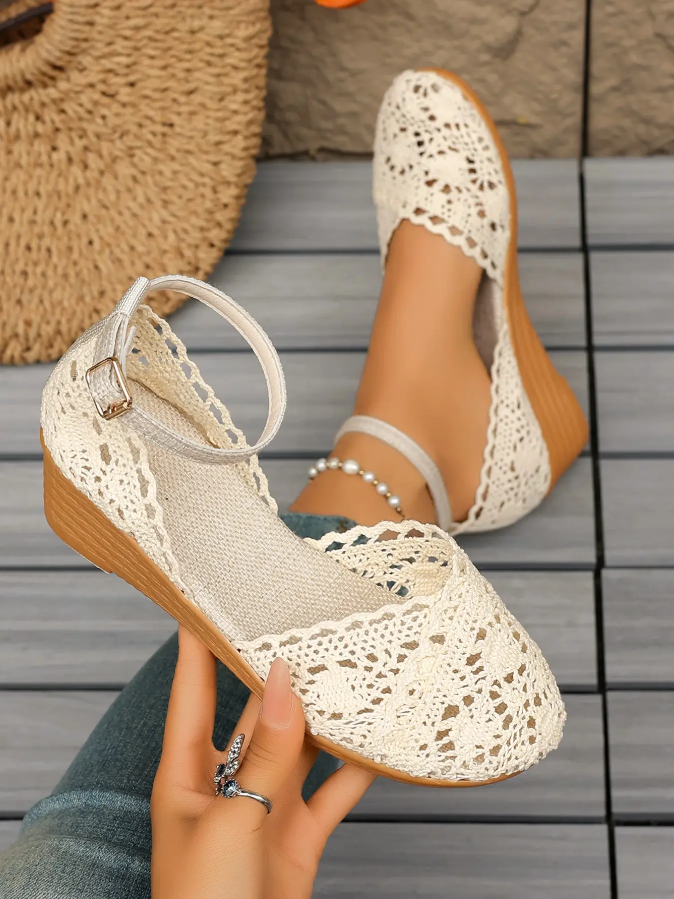 Vintage Lace Elevated Wedge Sandals for Women, Elegant Classy Stylish Hollow Out Design, Buckle Closure for Easy Wear, Comfortable Wedge Heel, Romantic Sweet Style, Classy Heeled Shoe