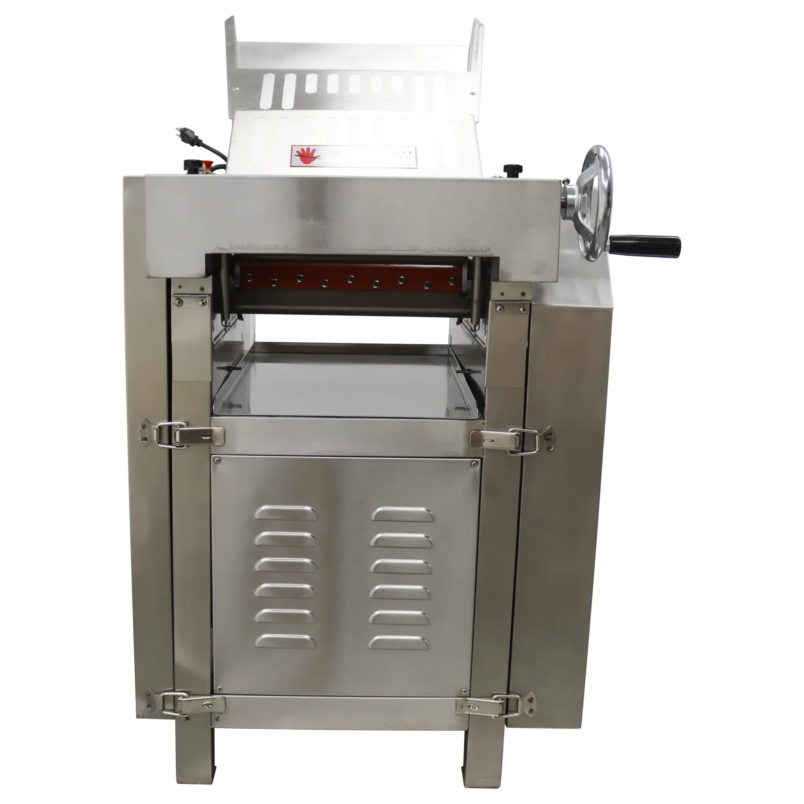 Yokoma 110V Commercial Dough Press Machine, practical bakery tool, efficiently flattens dough for bread, pizza and various pastries in commercial kitchens.