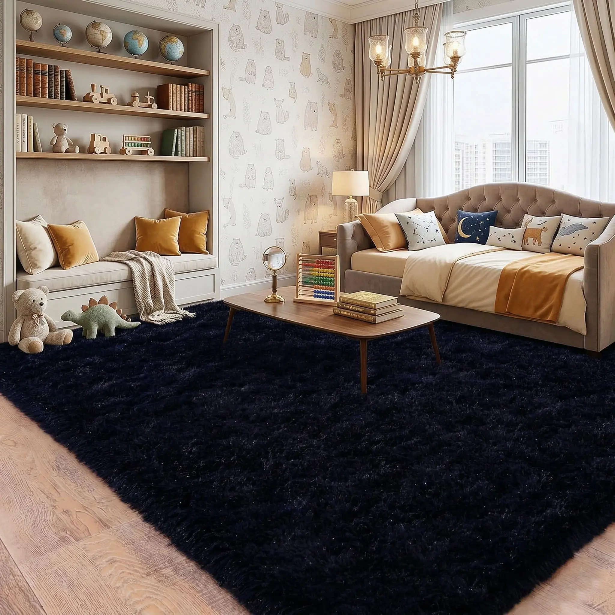 Rugs for Living Room,  Black Soft Fluffy Luxury Shag Area Rug, Upgrade Non-Slip, Anti-Fade, Soft-Touch, Shaggy Floor Carpet For Living Room, Bedroom, Home Decor, Room Decor,  Fluffy Rug, Floor Covering, Decorative Rug