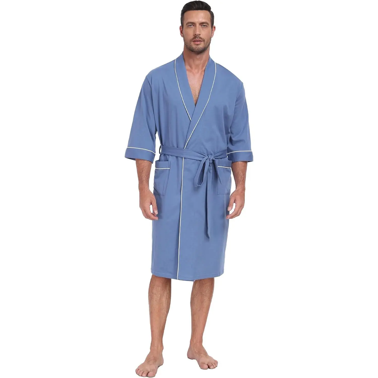 Men's 100% Cotton Robe Lightweight Bathrobe Summer Short Sleeve Bath Robes Soft Breathable Kimono Spa Robe with Pockets