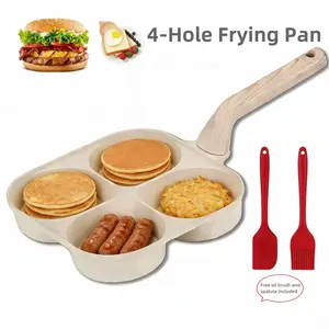 Hole Non-Stick Frying Pan, 4-in-1 Multifunctional Breakfast Pan with Free Oil Brush & Spatula, Compatible with Pancakes, Eggs, Burgers, Sausages, Induction & Gas Stove Safe, Easy Clean Kitchen Cookware for Home Use