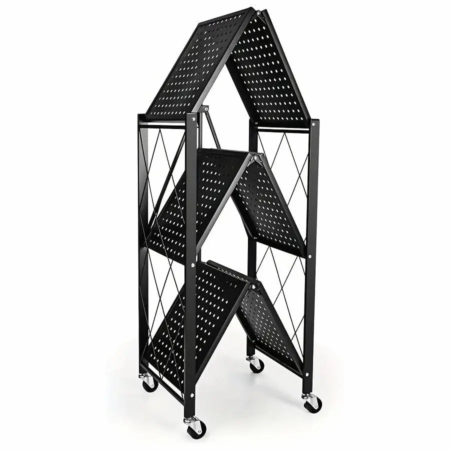 3-Layer Foldable Storage Rack with Wheels | High Load-bearing Capacity, Suitable for Garage and Kitchen Use, Black Iron Shelving Unit, Practical and Multipurpose, Utility Racks