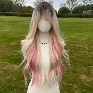 28-Inch Long Curly Golden Pink Wig-High Temperature Silk Rose Mesh Cap with Bangs, Matte Finish, Realistic Hairline, Women's Breathable Design.
