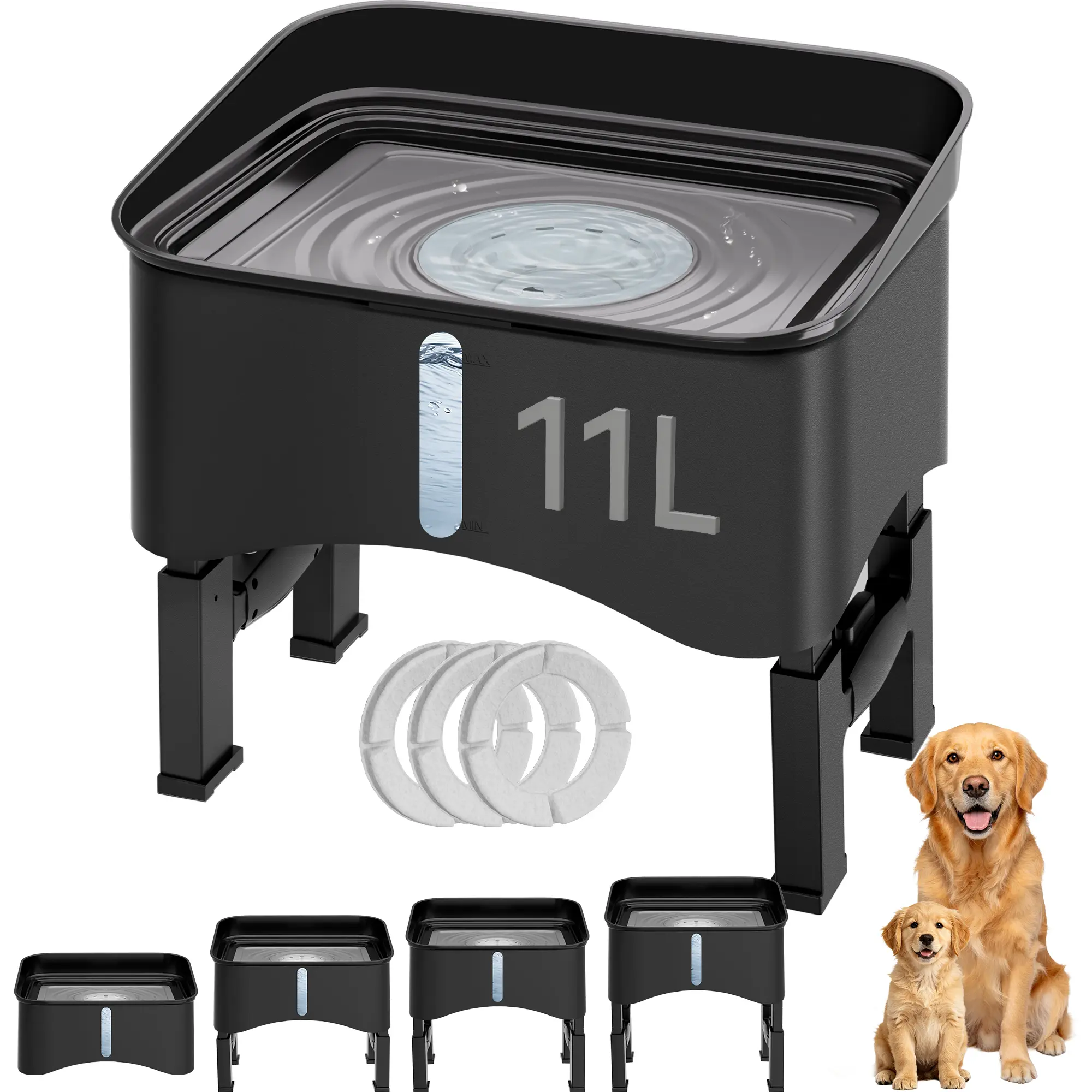 UPSKY 11L(2.9Gal) Elevated No Spill Dog Water Bowl, 4 Height Adjustable Raised Dog Feeder, Slow Drinking Floating Disk with Filter & Splash Guard, Non-Slip for Large Senior Dogs