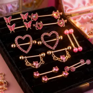 14 - Piece Pink - Themed Nipple Ring Set| Stainless Steel with Zircon| Heart, Moon & More Styles