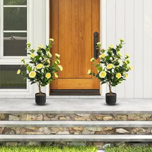 COSTWAY 3 FT Artificial Boxwood Topiary Trees, Set of 2 Faux Outdoor Topiary Ball Tree with Cement-Filled Pot, Fake Greenery Plants Decorative Trees for Front Porch, Front Door, Balcony