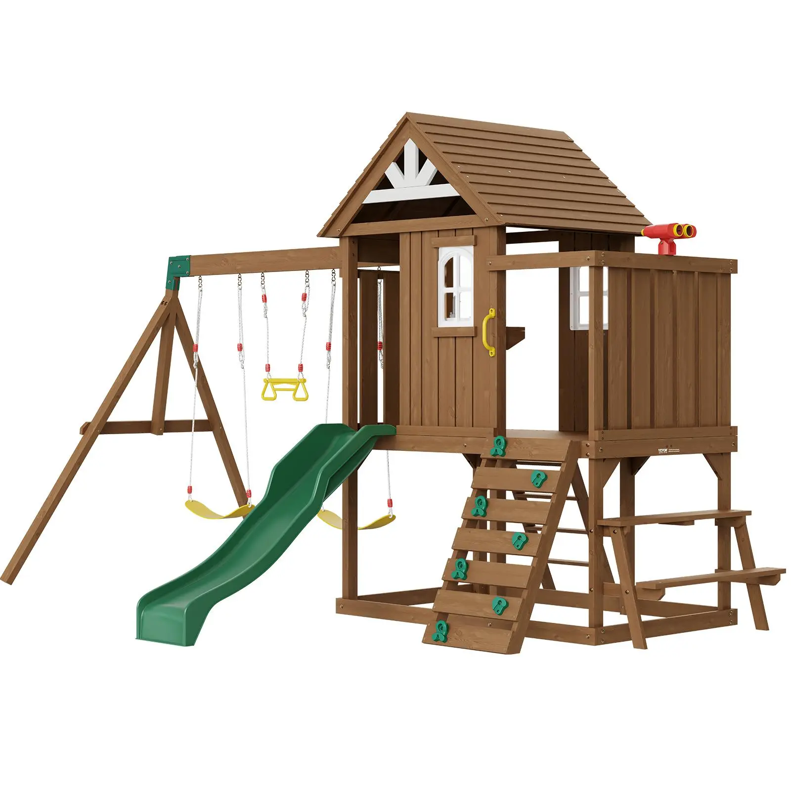 【SummerFinds】VEVOR 9-in-1 Wooden Toddler Playground Equipment for Backyard, 3-10 Years, 5-Kid Fort, 2 Swings, Trapeze Bar, 6ft Slide, Upper Fort Kitchen Toys, Flat Step Ladder, Rock Wall, Picnic Table, Sandbox, Fosters Creative Role-Play, Toddler Playgrou