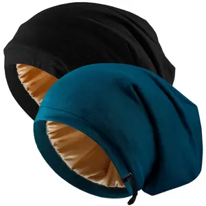 Silk Satin Bonnet Hair Wrap for Sleeping, 2 Pcs Adjustable Silk Bonnets for Women Men Sleep Cap Silk Slouchy with Adjustable Strap Curly Hair Head...