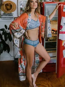 Women's Boho Style Fitted Sun Protection Cover-Up, Animal Print Beach Vacation Bikini Outerwear, All Seasons Belted Shawl Jacket