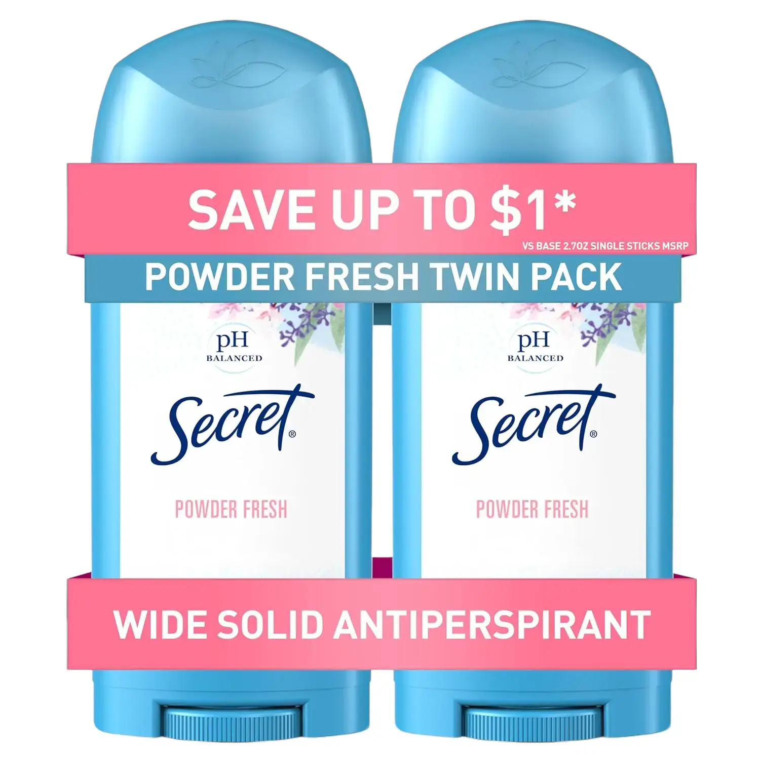 Secret Antiperspirant and Deodorant for Women, 24hr Sweat & Odor Protection, PH Balanced Protection, Gentle on Skin, Wide Solid, Powder Fresh Scent, 2.7 oz (Pack of 2)