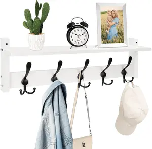 Wall Shelf with Hooks, 24 Inch Coat Rack with Tri Hooks, Farmhouse Entryway Floating Coat Hanger with Storage for Bathroom, Entry Way, Mudroom, White